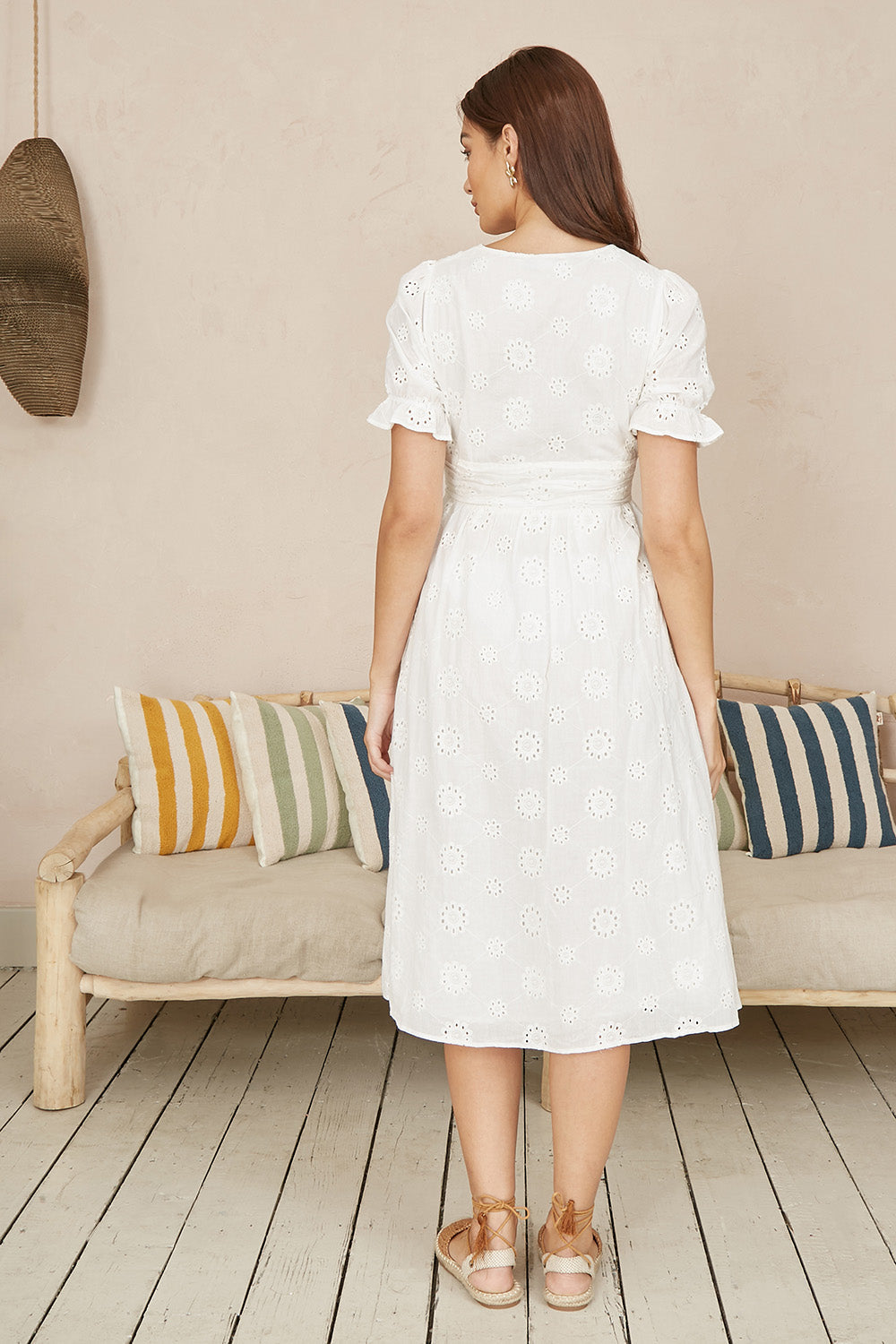 Yumi White Cotton Broderie Anglaise Midi Button Up Dress - QHA UK