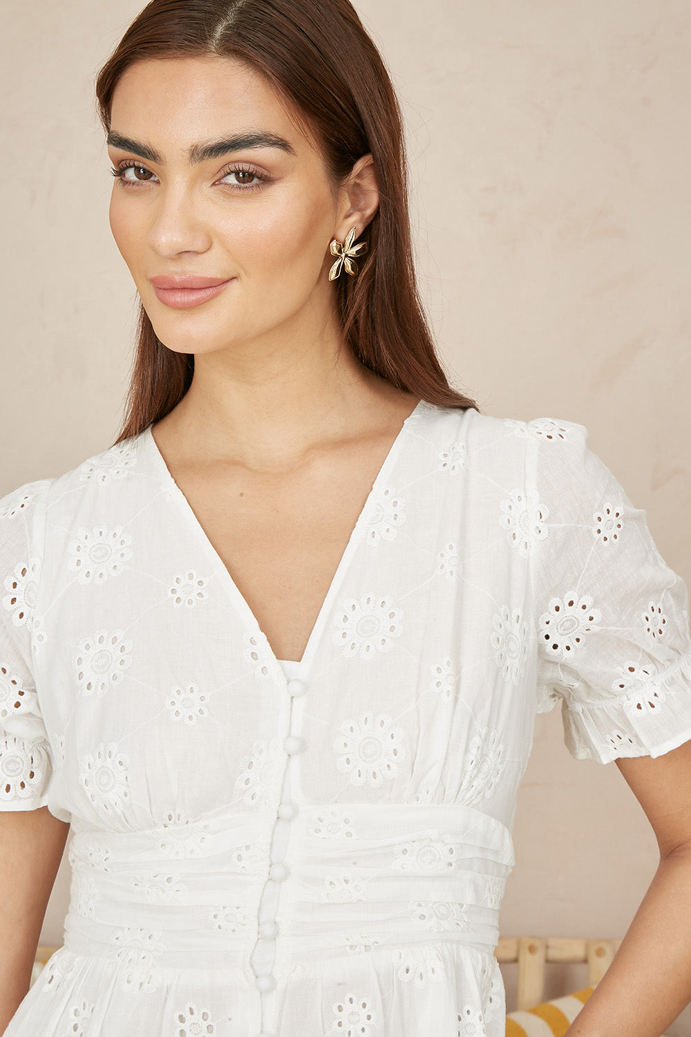 Yumi White Cotton Broderie Anglaise Midi Button Up Dress - QHA UK