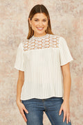 Yumi White Lace Panel Pleated Short Sleeve Top - QHA UK