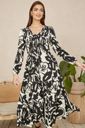 Yumi Black Abstract Print Ruched Midi Dress With Long Sleeves - QHA UK