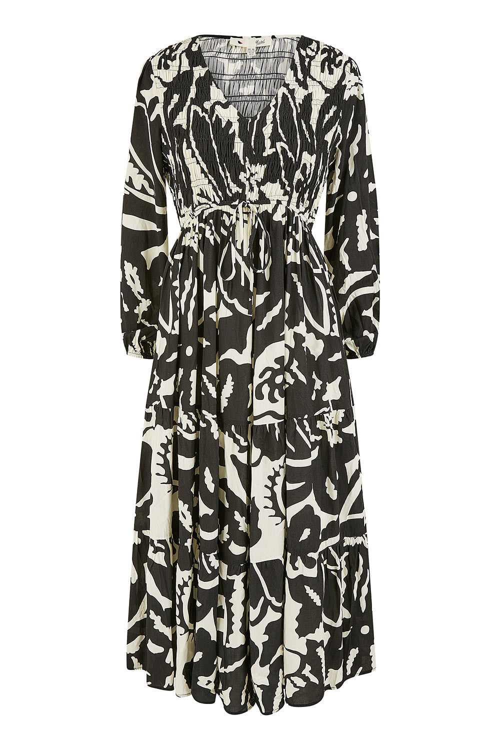Yumi Black Abstract Print Ruched Midi Dress With Long Sleeves - QHA UK