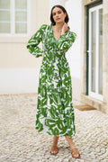Yumi Green Abstract Print Ruched Midi Dress With Long Sleeves - QHA UK