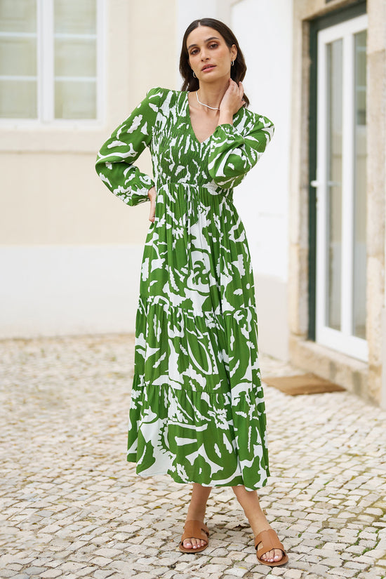 Yumi Green Abstract Print Ruched Midi Dress With Long Sleeves - QHA UK