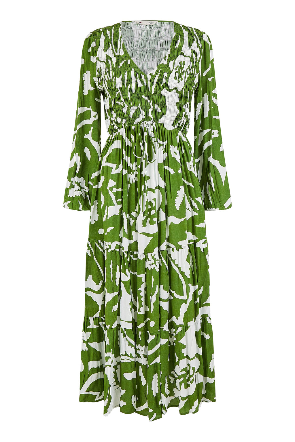 Yumi Green Abstract Print Ruched Midi Dress With Long Sleeves - QHA UK