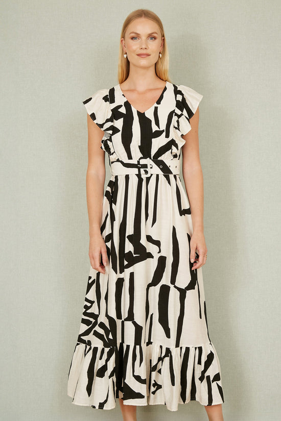 Yumi Ivory Abstract Print Viscose Midi Dress With Matching Belt - QHA UK