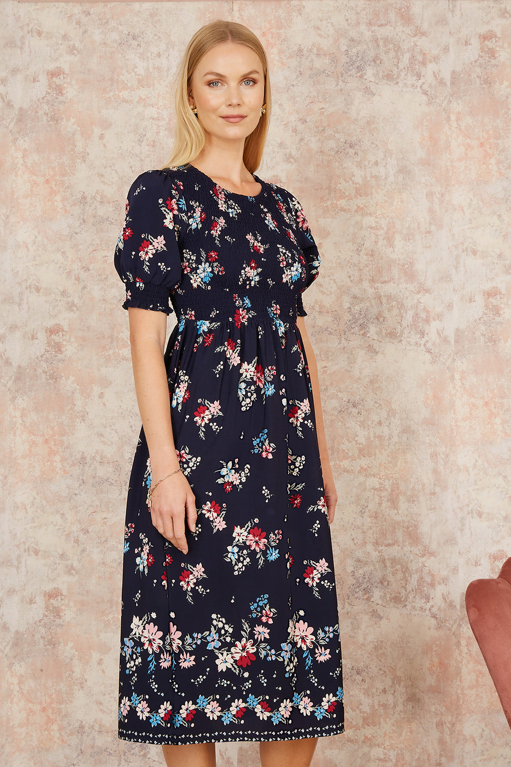 Yumi Navy Recycled Floral Ruched Midi Dress With Puff Sleeves - QHA UK