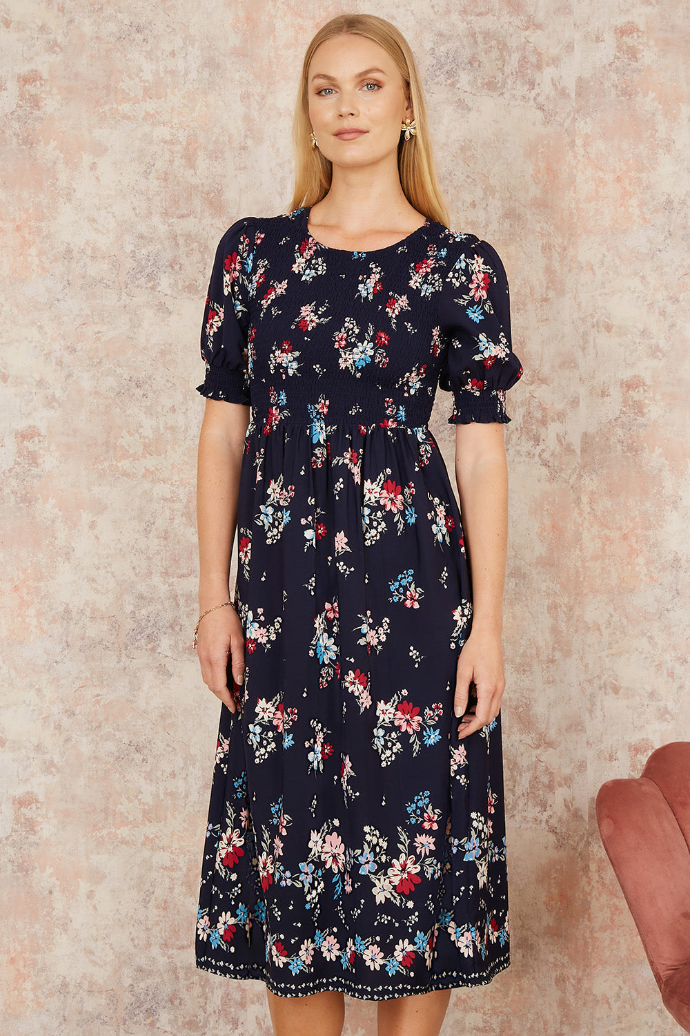 Yumi Navy Recycled Floral Ruched Midi Dress With Puff Sleeves - QHA UK