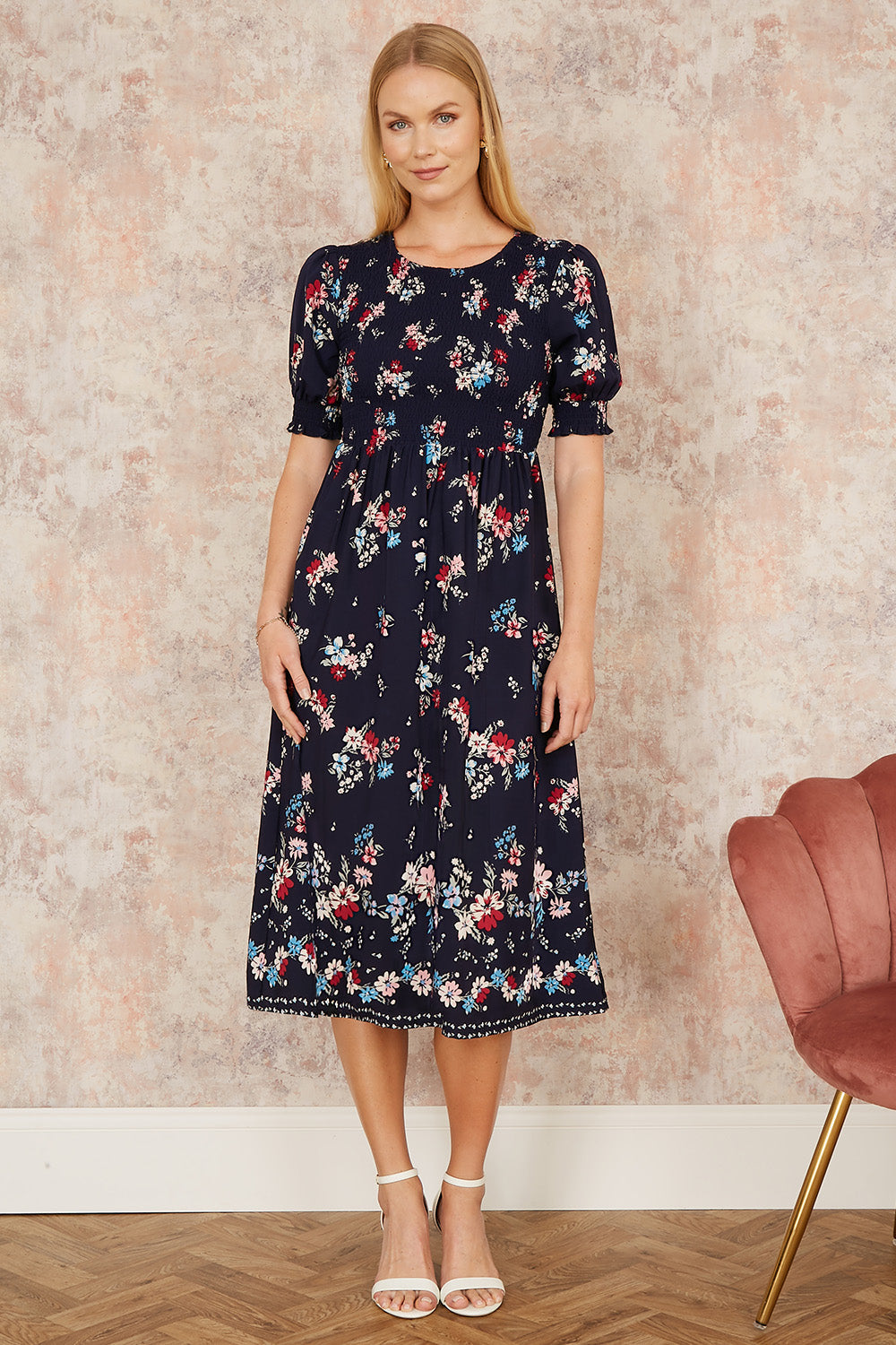 Yumi Navy Recycled Floral Ruched Midi Dress With Puff Sleeves - QHA UK