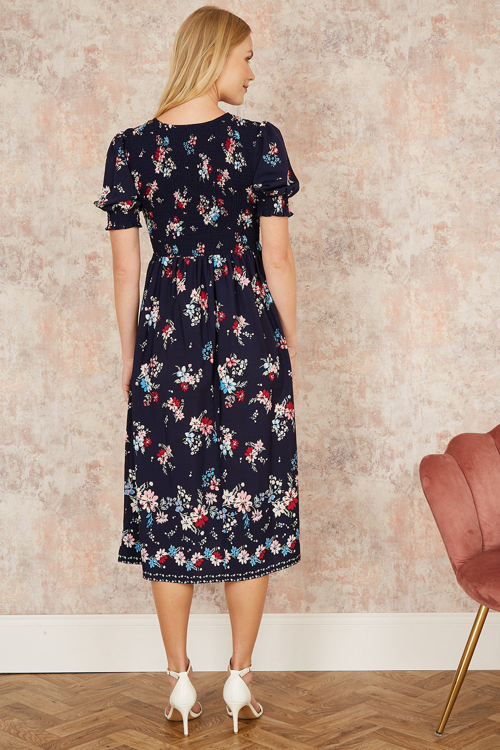 Yumi Navy Recycled Floral Ruched Midi Dress With Puff Sleeves - QHA UK