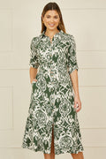 Yumi Green Ikat Geo Print Midi Shirt Dress - QHA UK