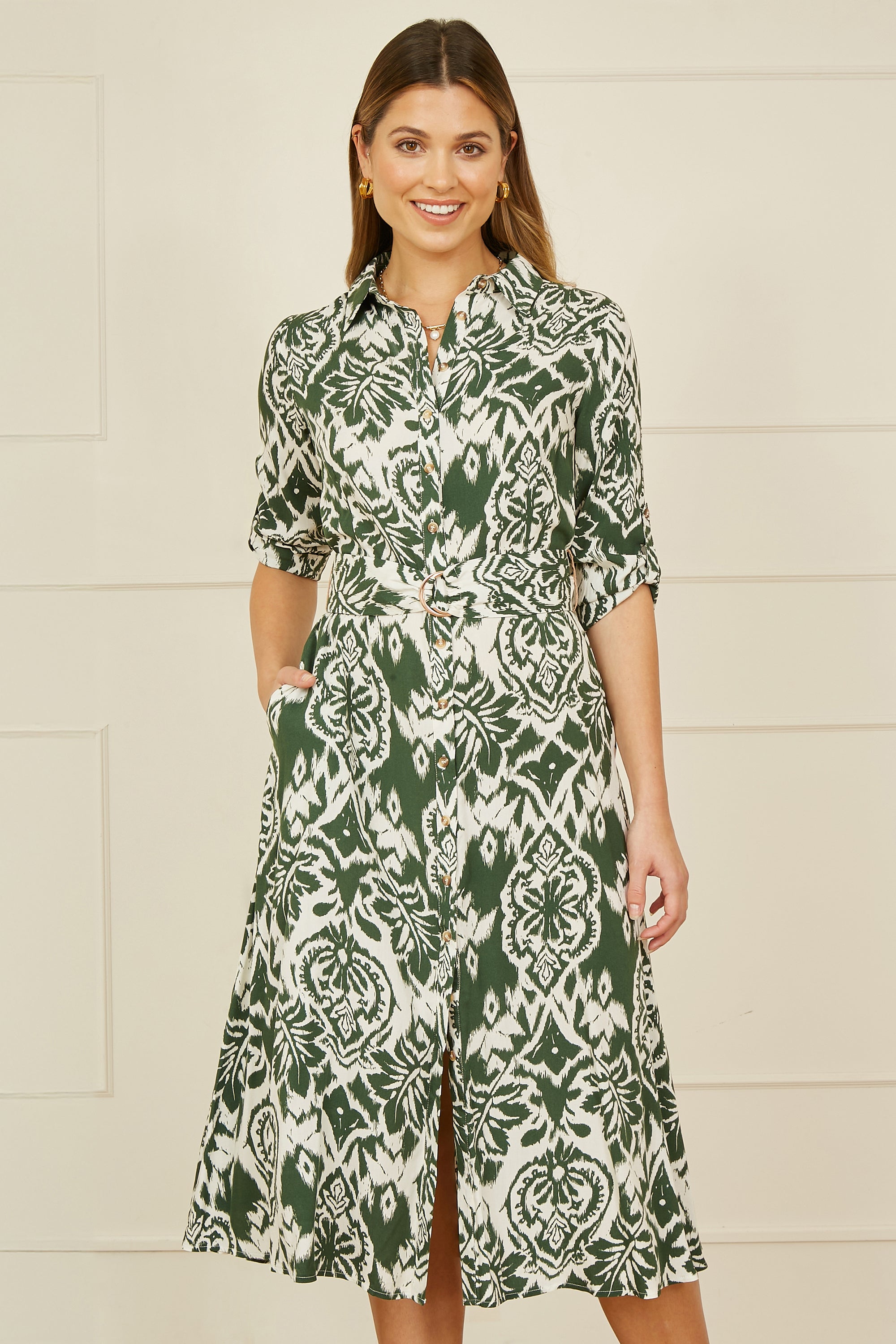 Yumi Green Ikat Geo Print Midi Shirt Dress - QHA UK