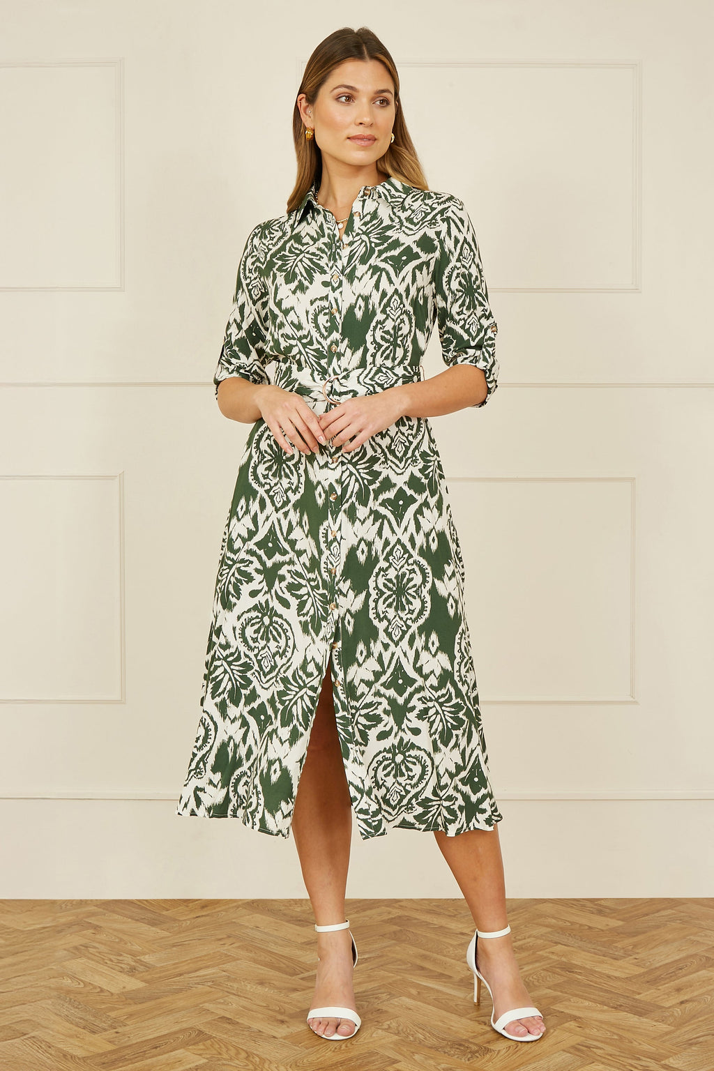 Yumi Green Ikat Geo Print Midi Shirt Dress - QHA UK