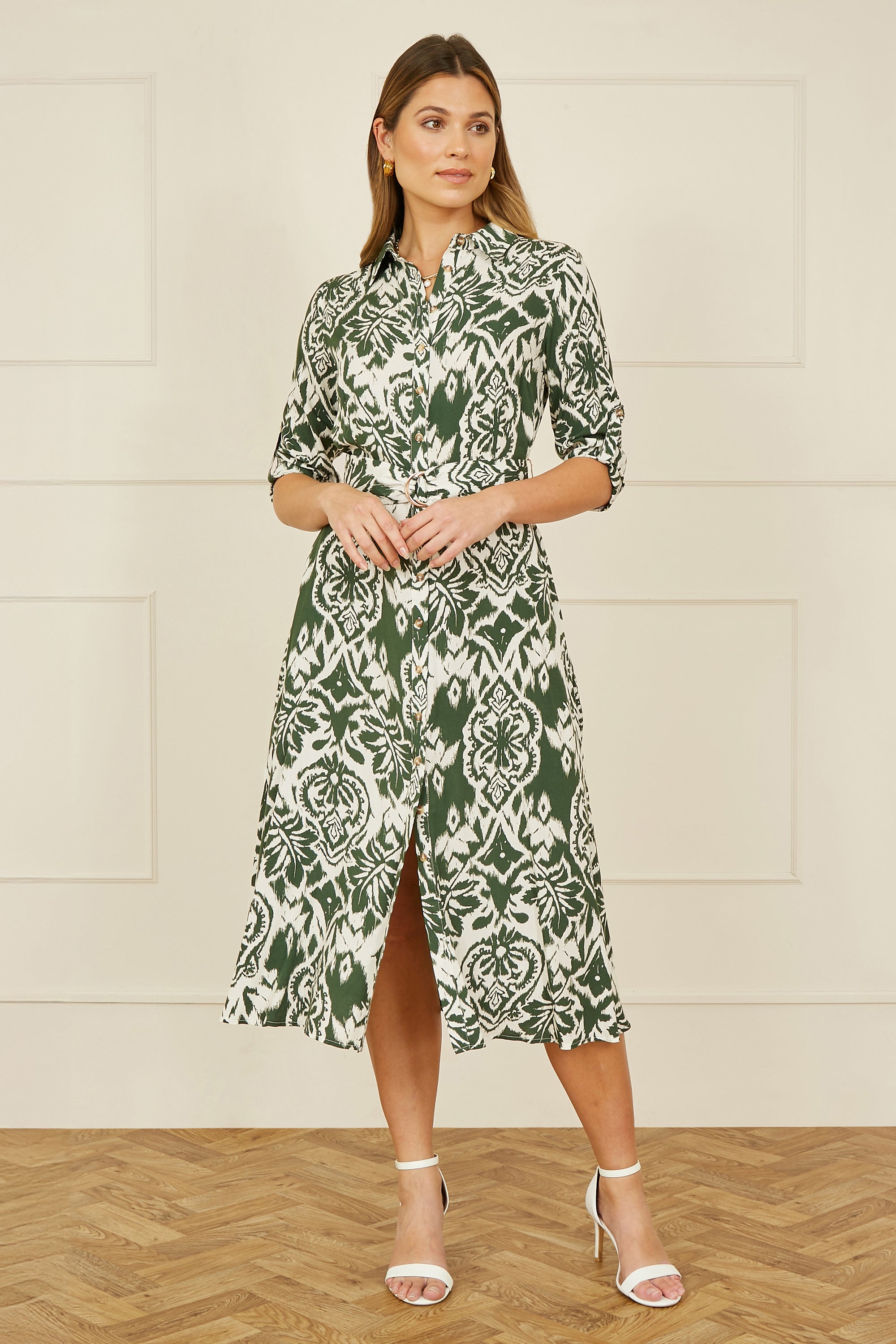 Yumi Green Ikat Geo Print Midi Shirt Dress - QHA UK