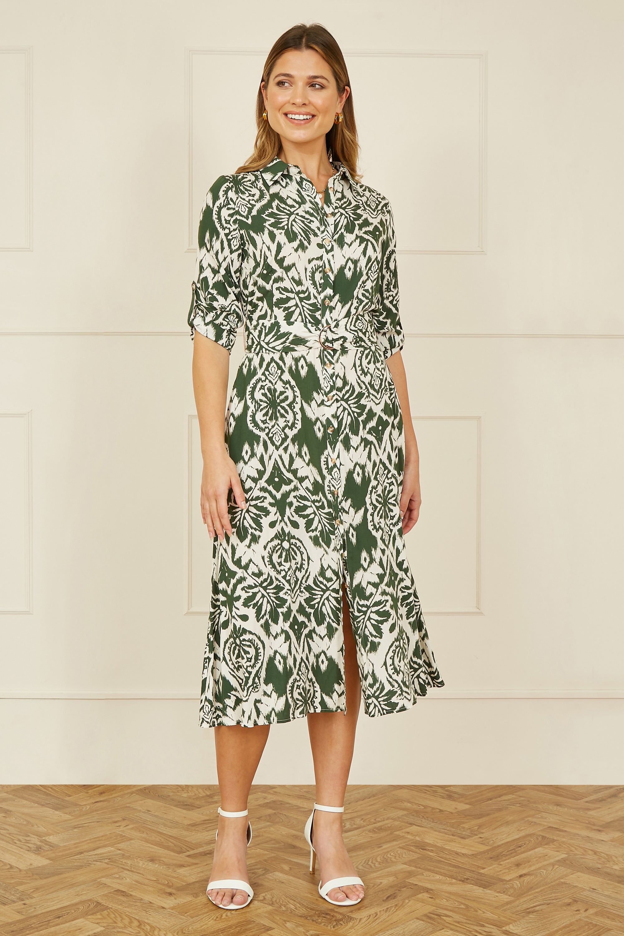 Yumi Green Ikat Geo Print Midi Shirt Dress - QHA UK