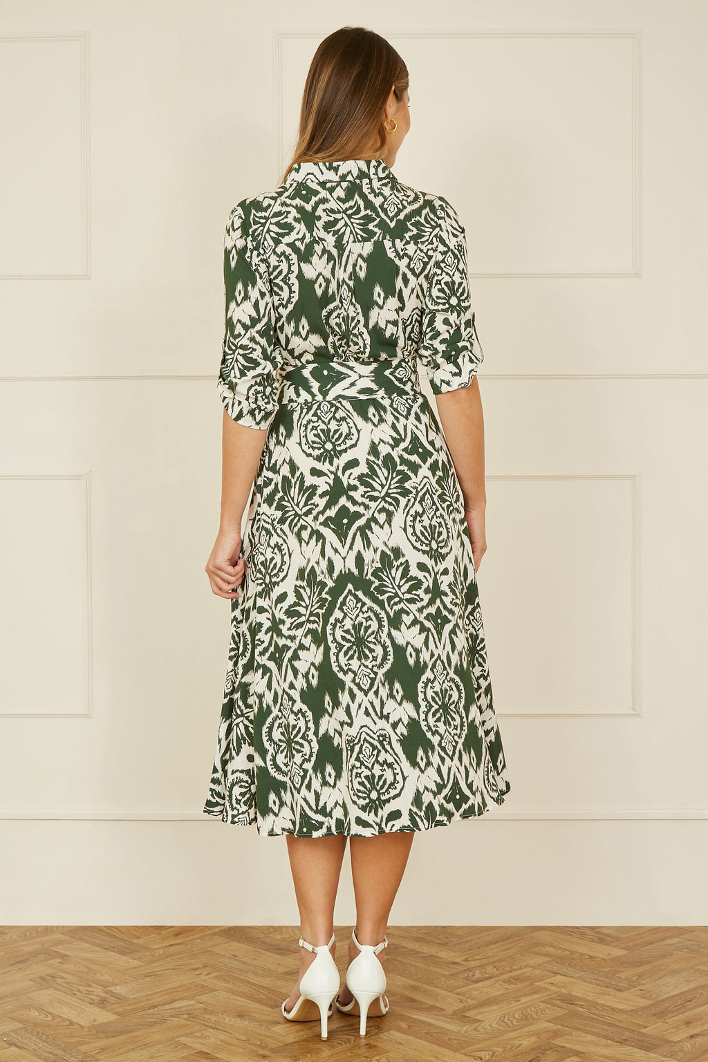 Yumi Green Ikat Geo Print Midi Shirt Dress - QHA UK