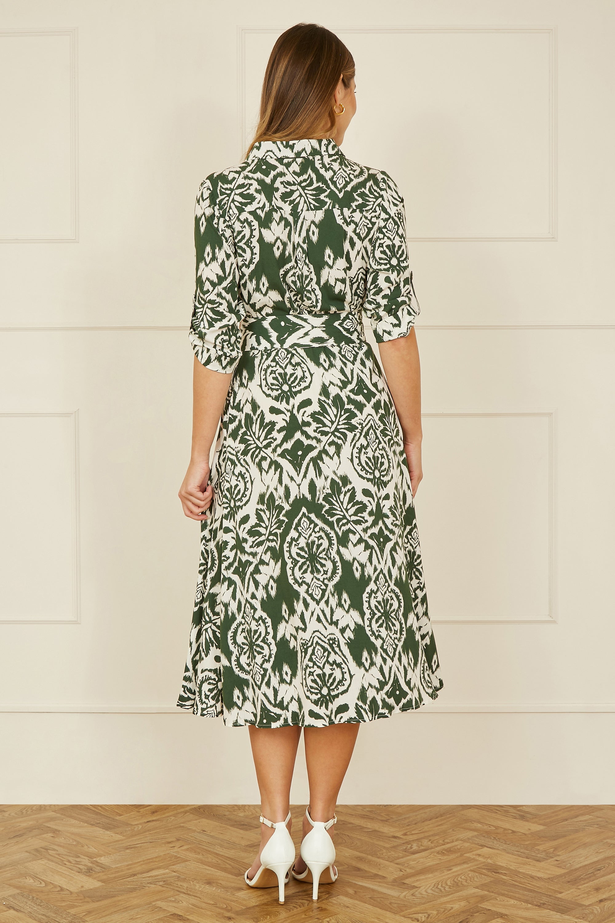 Yumi Green Ikat Geo Print Midi Shirt Dress - QHA UK