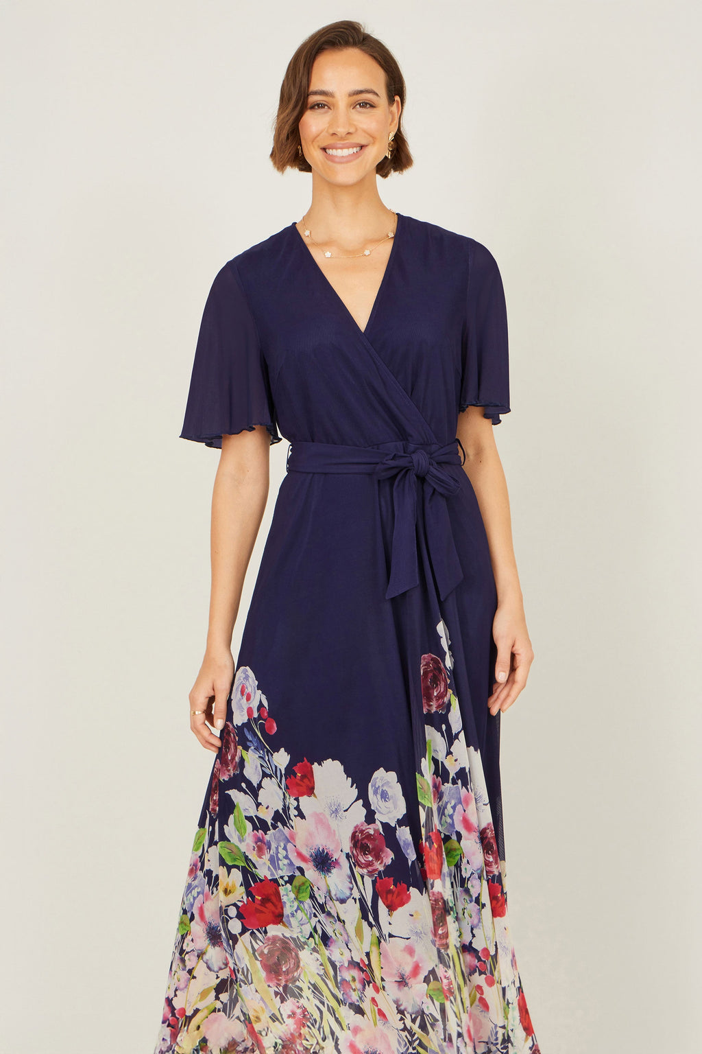 Yumi Navy Mesh Wrap Midi Dress With Floral Hem Border - QHA UK