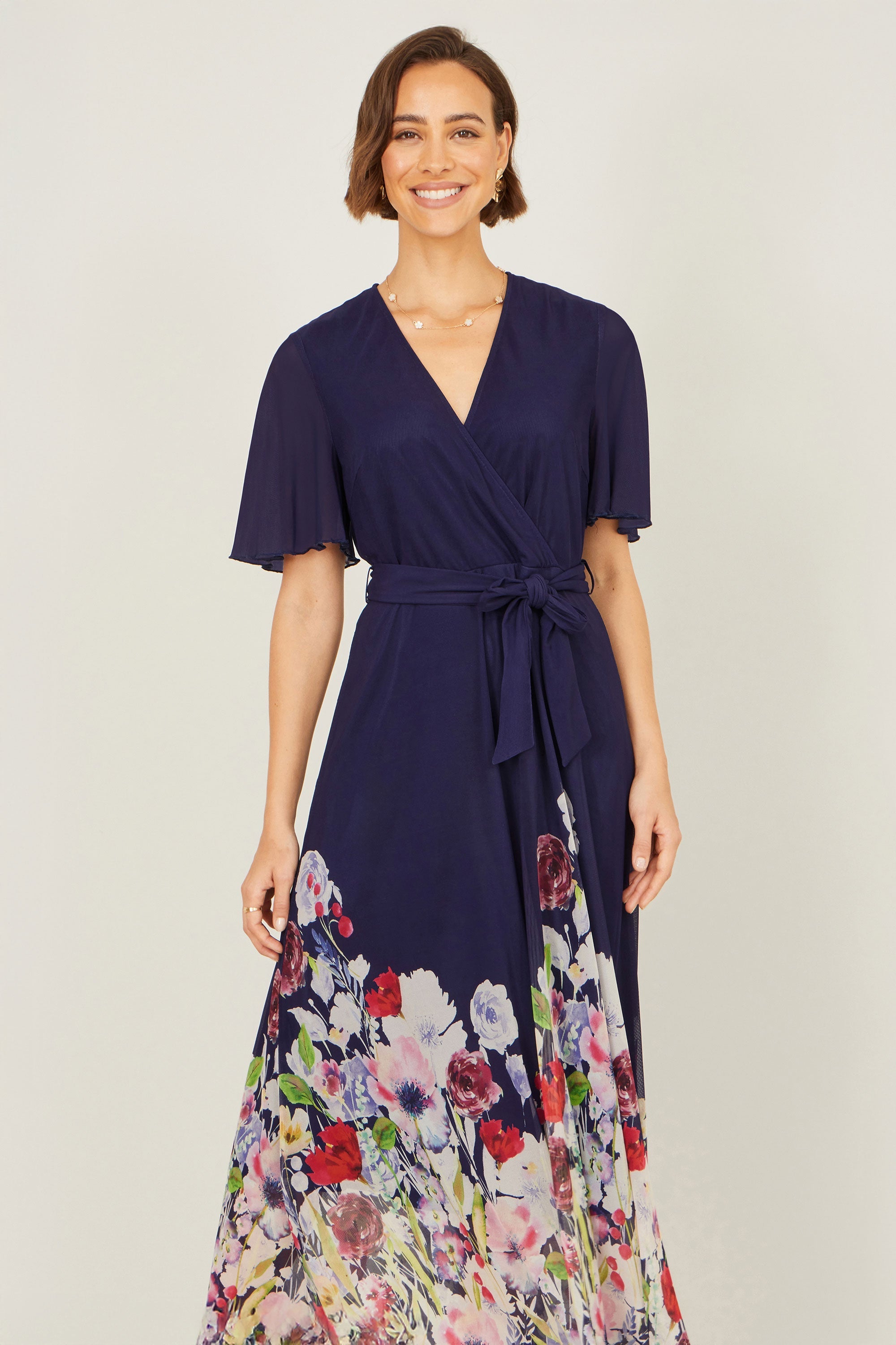 Yumi Navy Mesh Wrap Midi Dress With Floral Hem Border - QHA UK
