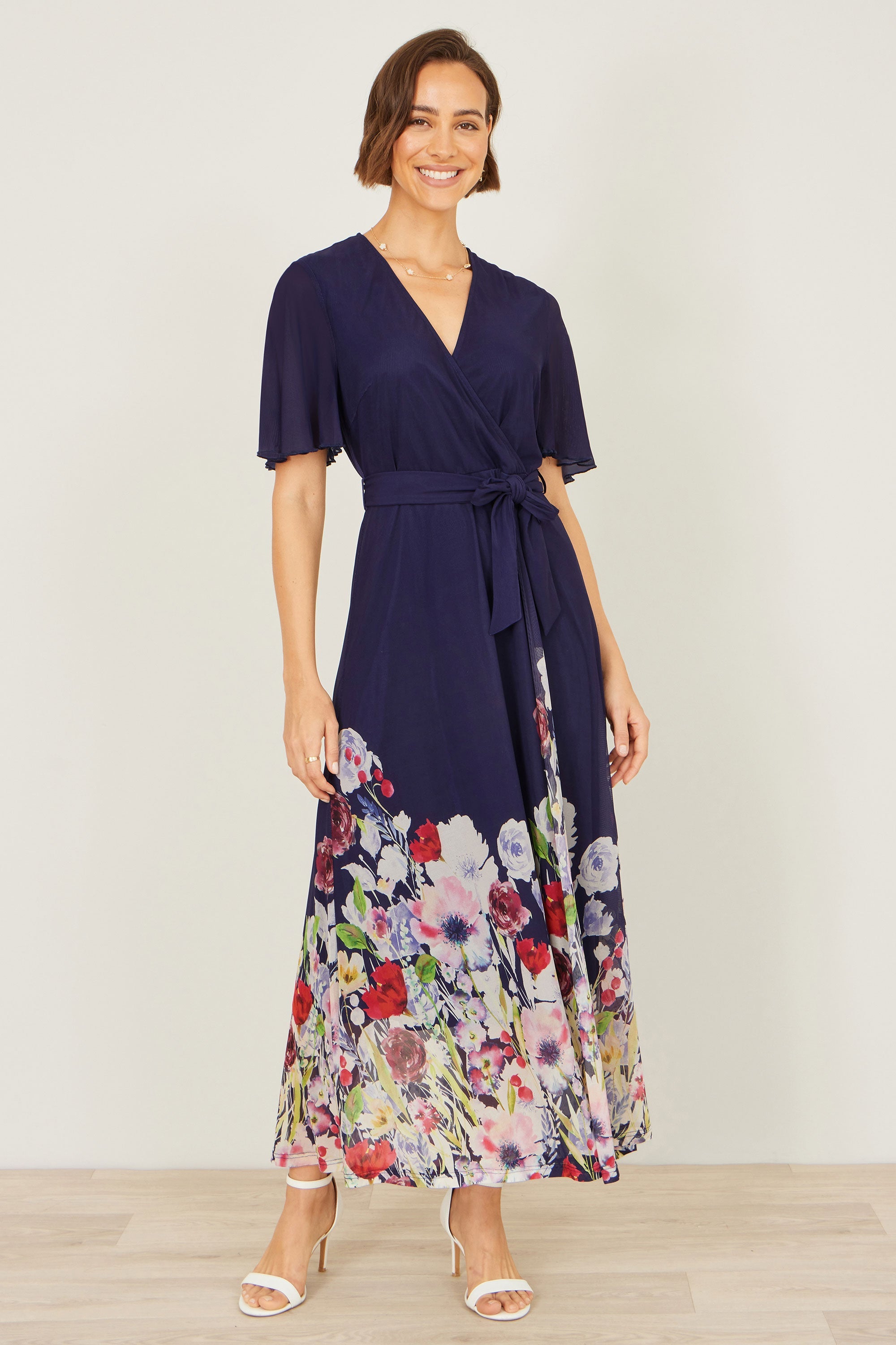 Yumi Navy Mesh Wrap Midi Dress With Floral Hem Border - QHA UK