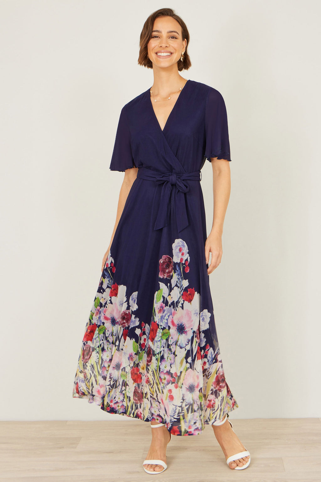 Yumi Navy Mesh Wrap Midi Dress With Floral Hem Border - QHA UK