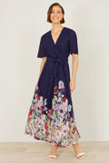 Yumi Navy Mesh Wrap Midi Dress With Floral Hem Border - QHA UK