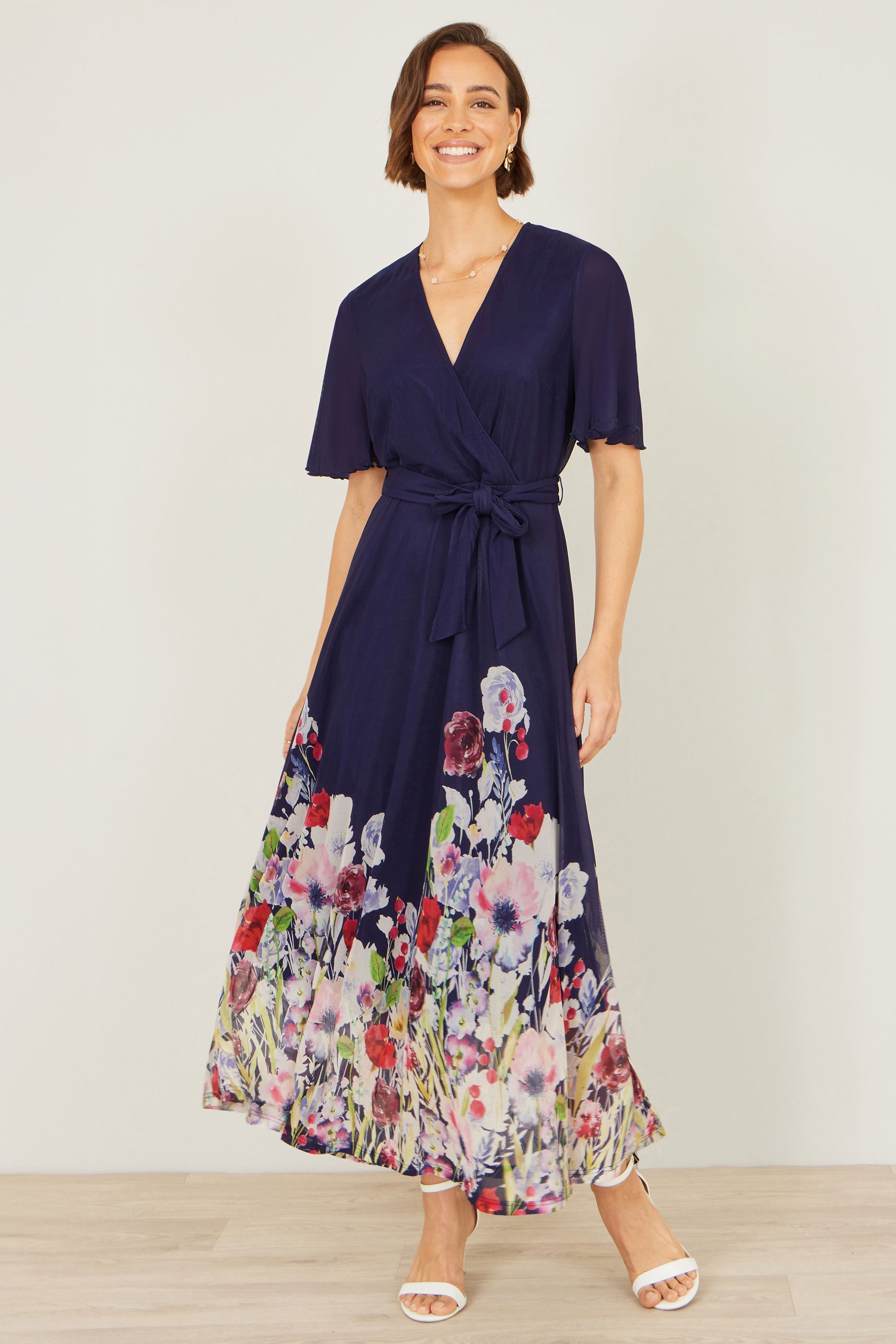 Yumi Navy Mesh Wrap Midi Dress With Floral Hem Border - QHA UK