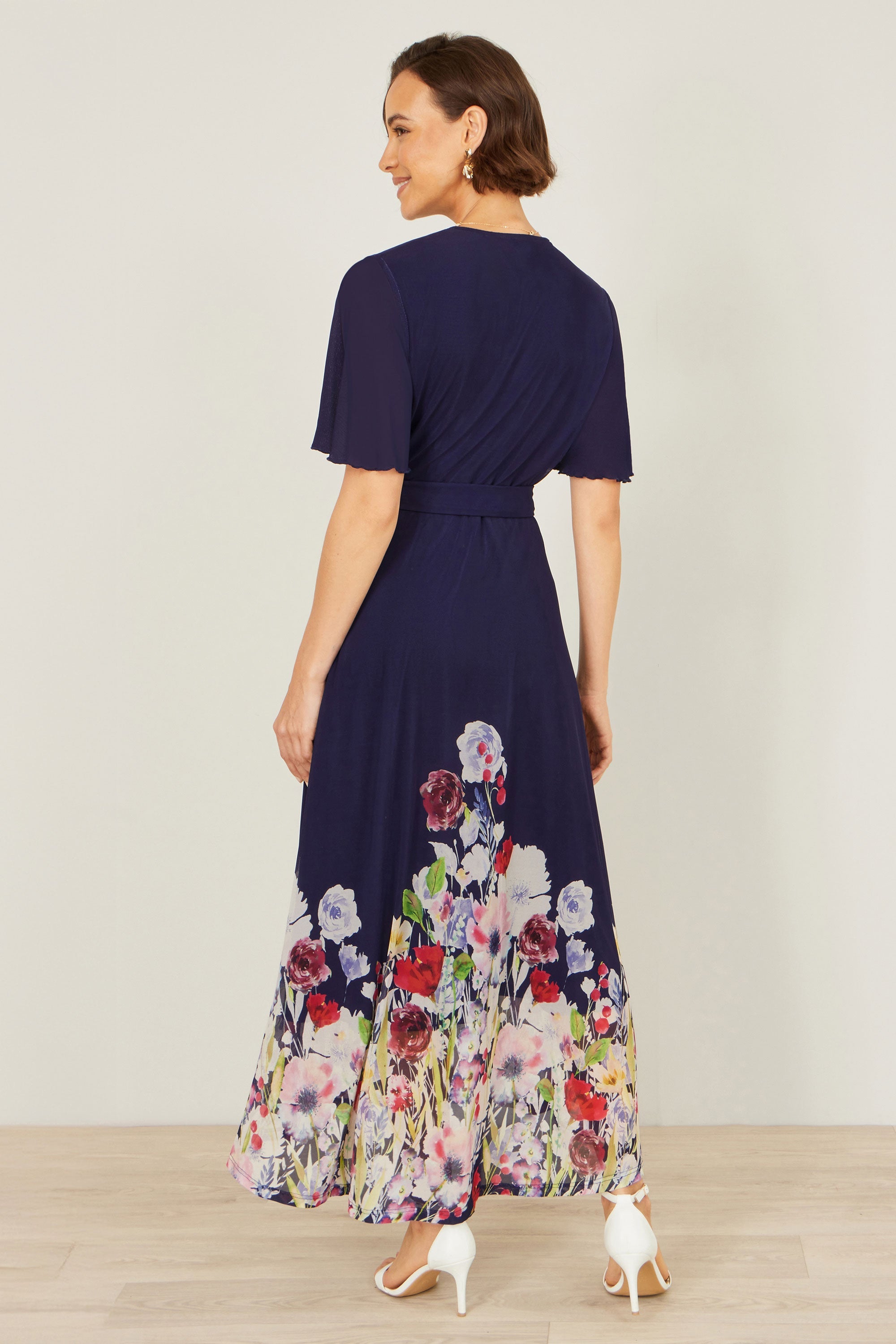 Yumi Navy Mesh Wrap Midi Dress With Floral Hem Border - QHA UK