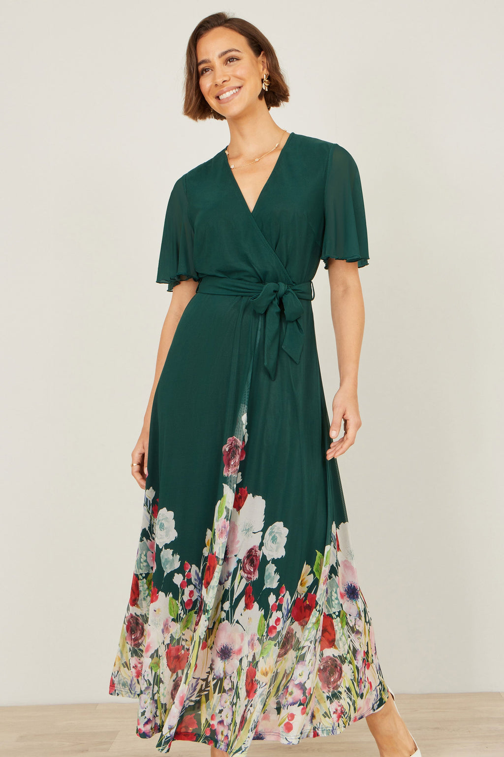 Yumi Green Mesh Wrap Midi Dress With Floral Hem Border - QHA UK