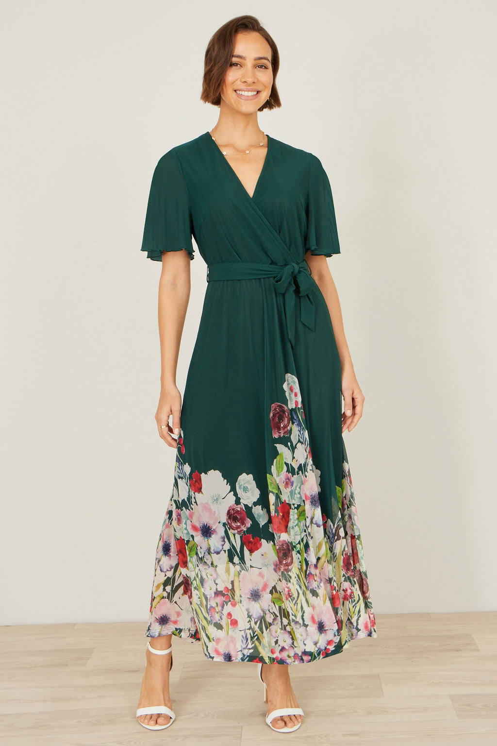 Yumi Green Mesh Wrap Midi Dress With Floral Hem Border - QHA UK