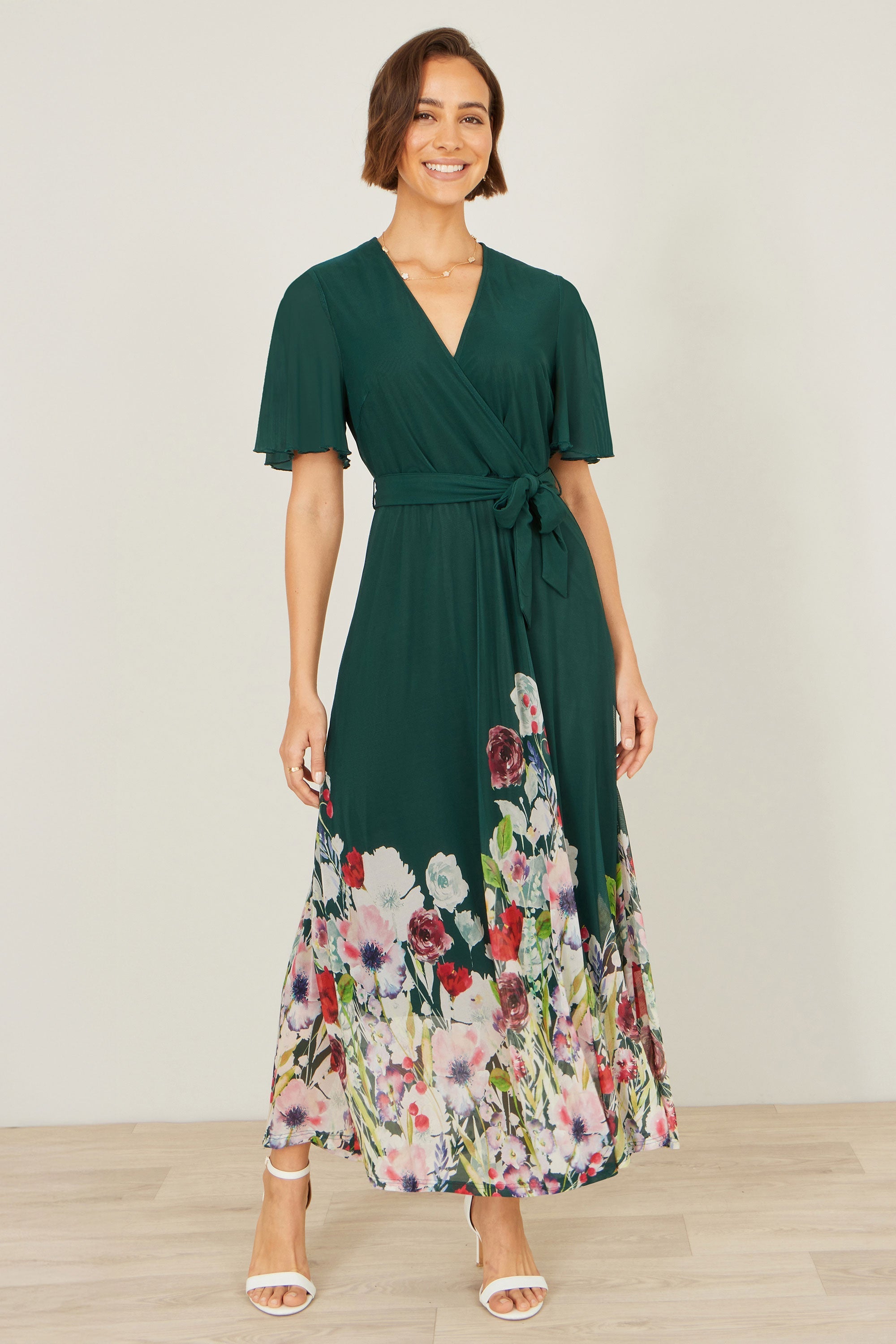 Yumi Green Mesh Wrap Midi Dress With Floral Hem Border - QHA UK