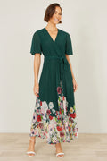 Yumi Green Mesh Wrap Midi Dress With Floral Hem Border - QHA UK