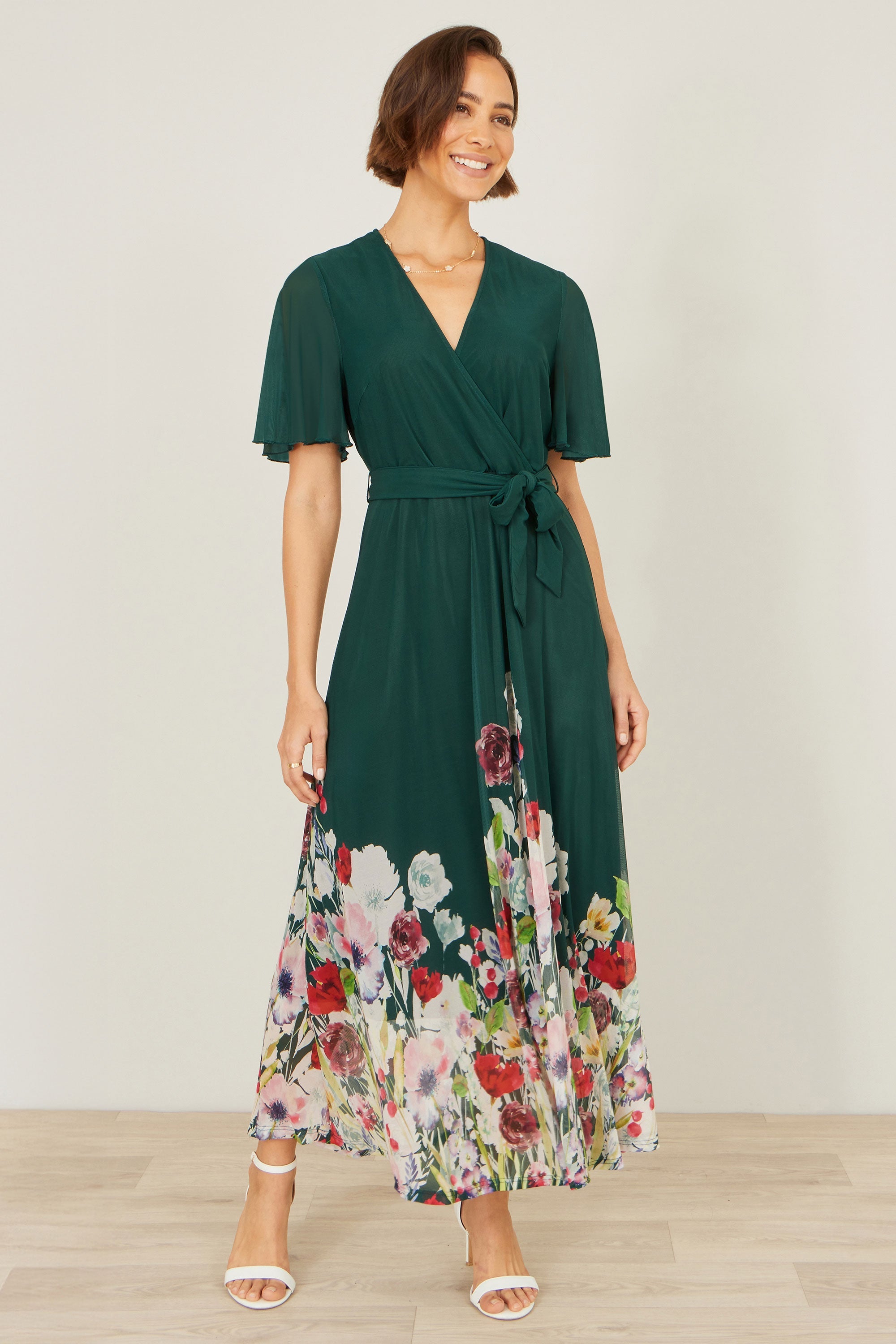 Yumi Green Mesh Wrap Midi Dress With Floral Hem Border - QHA UK