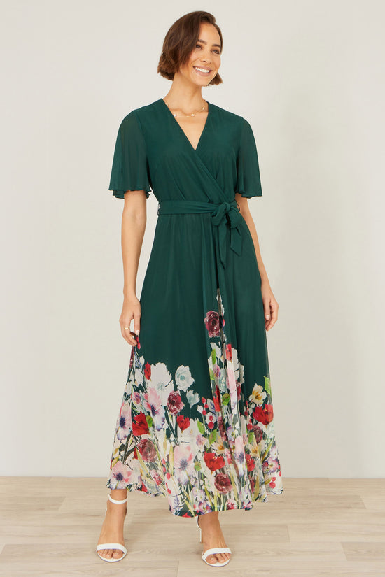 Yumi Green Mesh Wrap Midi Dress With Floral Hem Border - QHA UK