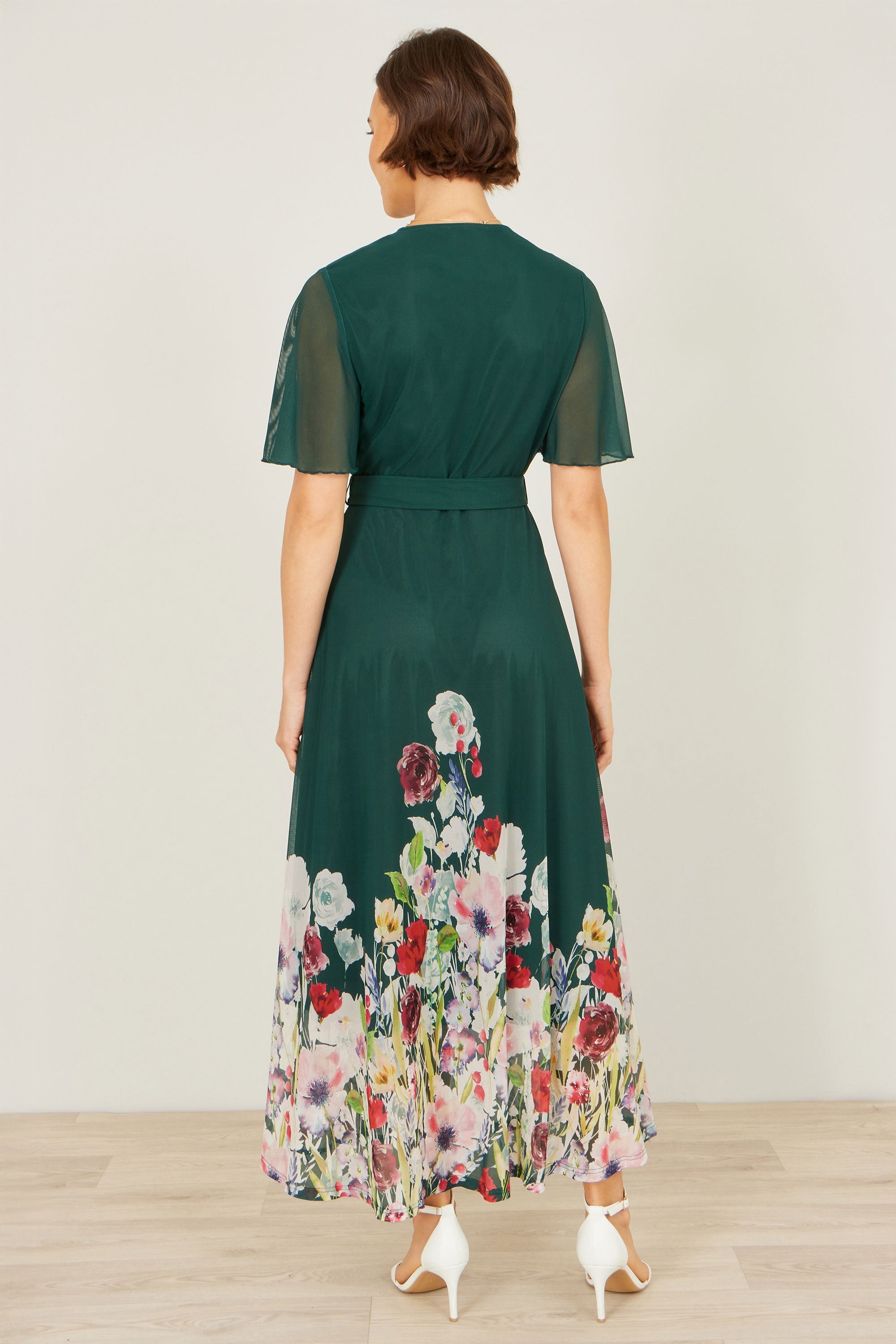 Yumi Green Mesh Wrap Midi Dress With Floral Hem Border - QHA UK