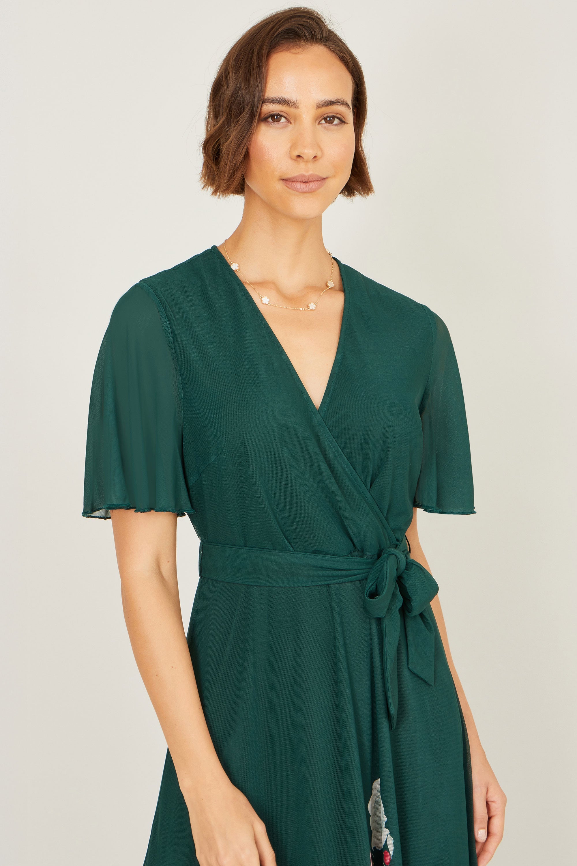 Yumi Green Mesh Wrap Midi Dress With Floral Hem Border - QHA UK