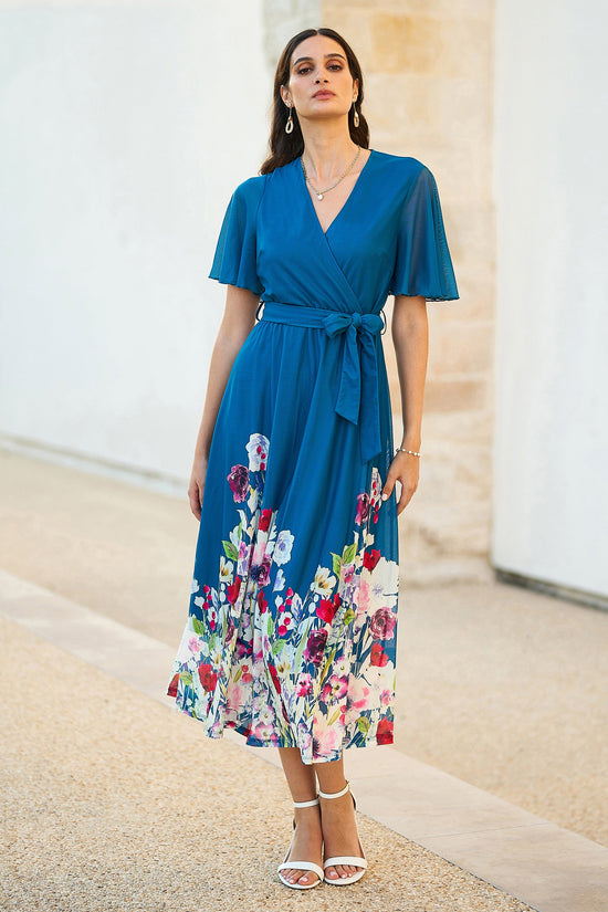 Yumi Teal Mesh Wrap Midi Dress With Floral Hem Border - QHA UK