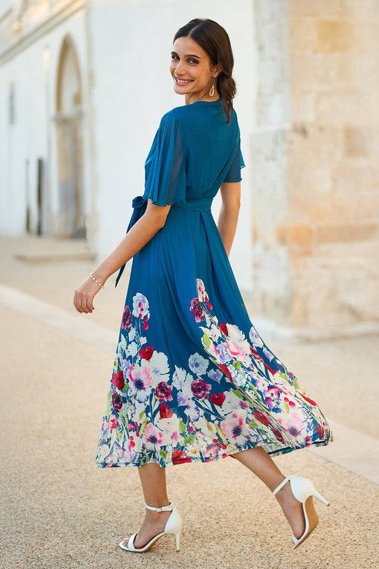 Yumi Teal Mesh Wrap Midi Dress With Floral Hem Border - QHA UK