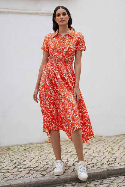 Yumi Coral Tropical Leaf print Midi Ruched Shirt Dress - QHA UK