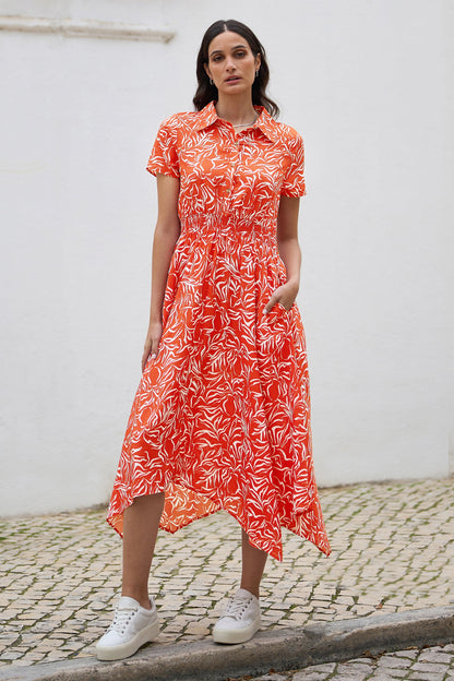 Yumi Coral Tropical Leaf print Midi Ruched Shirt Dress - QHA UK