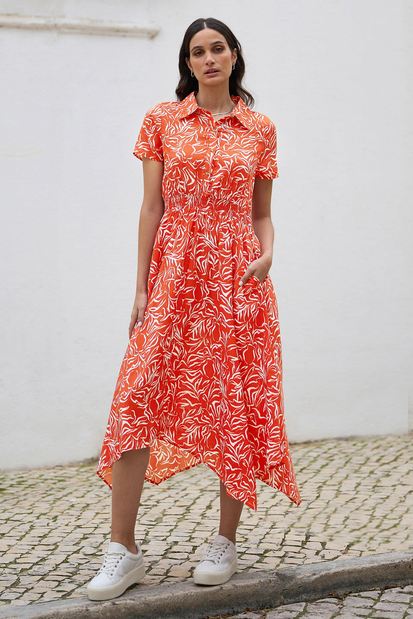 Yumi Coral Tropical Leaf print Midi Ruched Shirt Dress - QHA UK