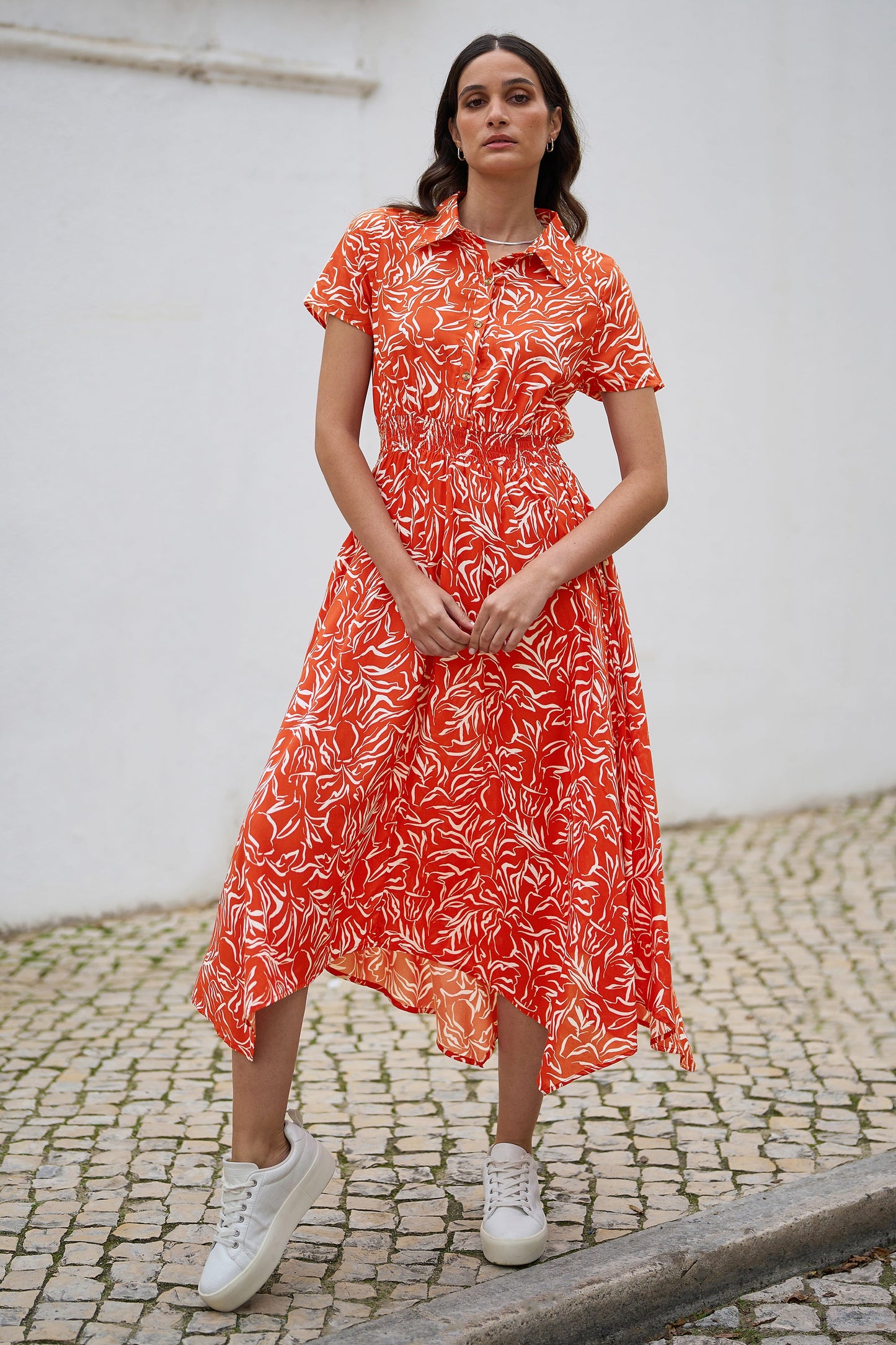 Yumi Coral Tropical Leaf print Midi Ruched Shirt Dress - QHA UK