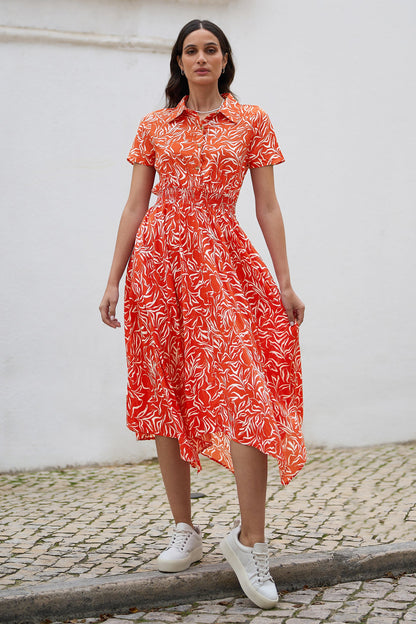 Yumi Coral Tropical Leaf print Midi Ruched Shirt Dress - QHA UK