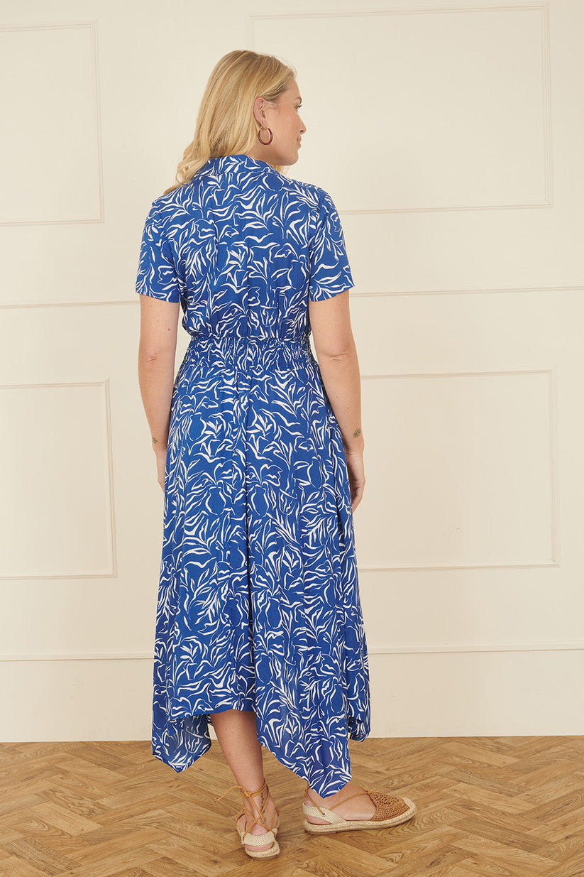 Yumi Blue Leaf Print Dip Hem Midi Shirt Dress - QHA UK