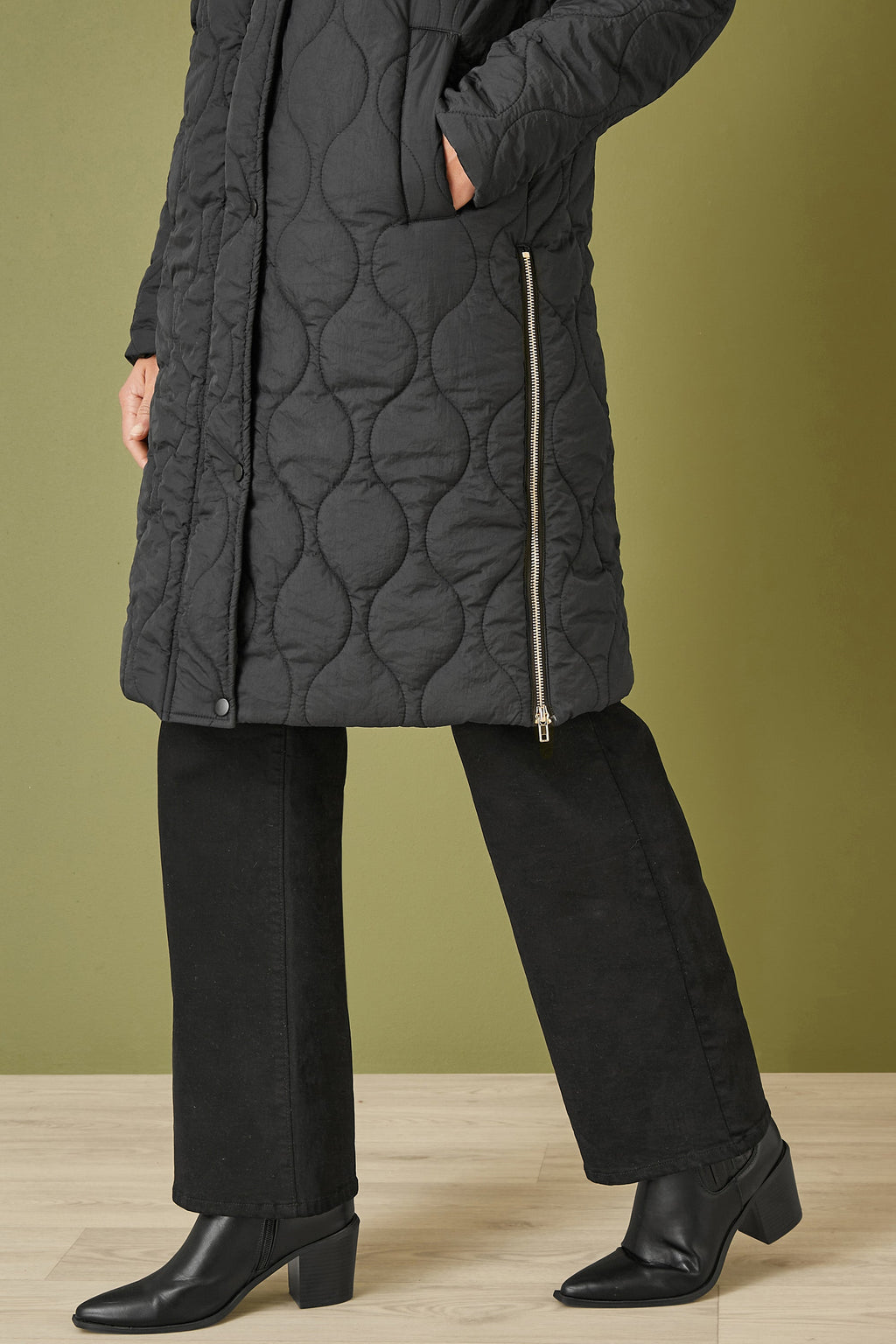 Yumi Black Padded Quilted Long Coat With Zip Detail And Hood - QHA UK