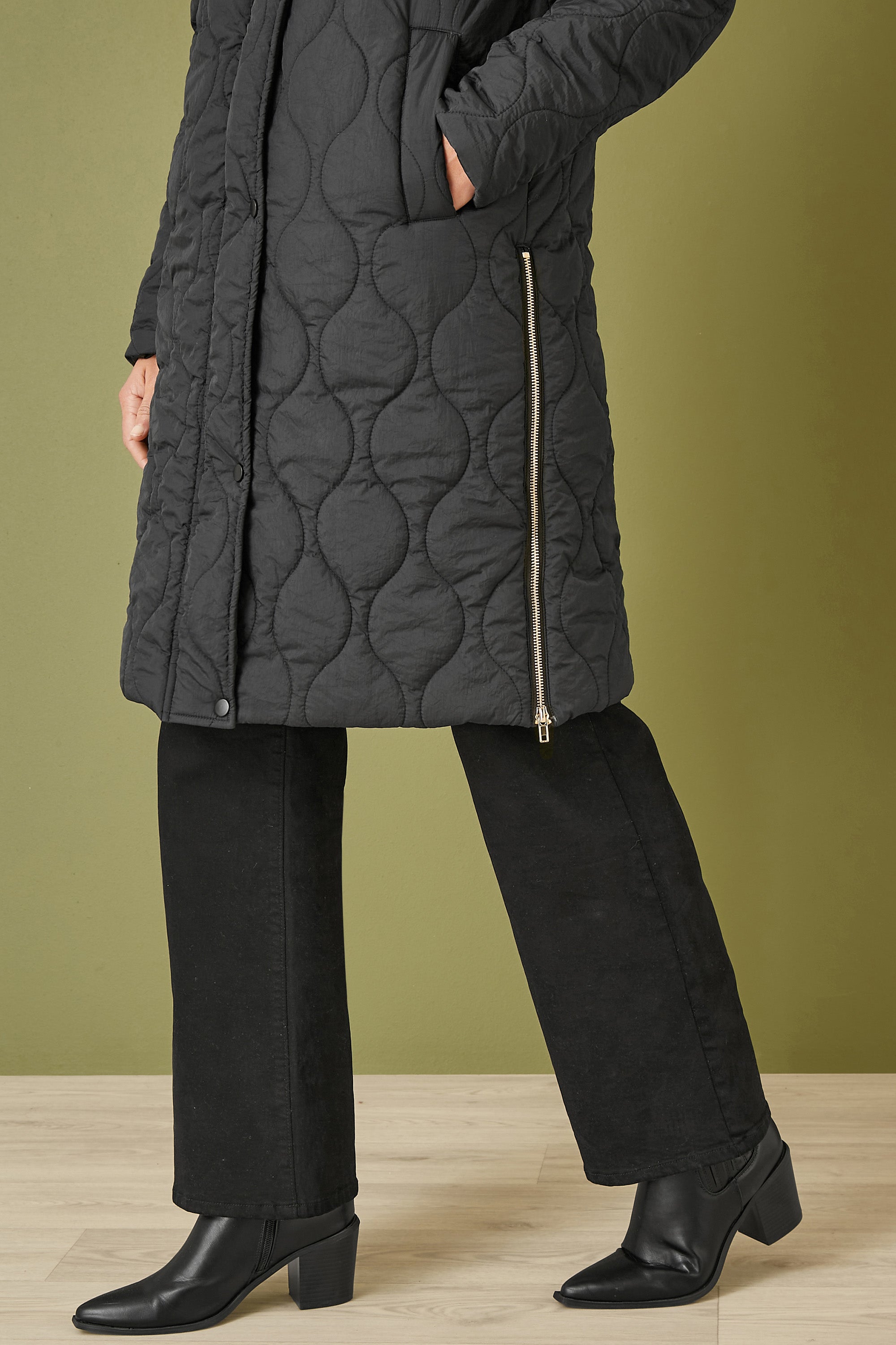 Yumi Black Padded Quilted Long Coat With Zip Detail And Hood - QHA UK