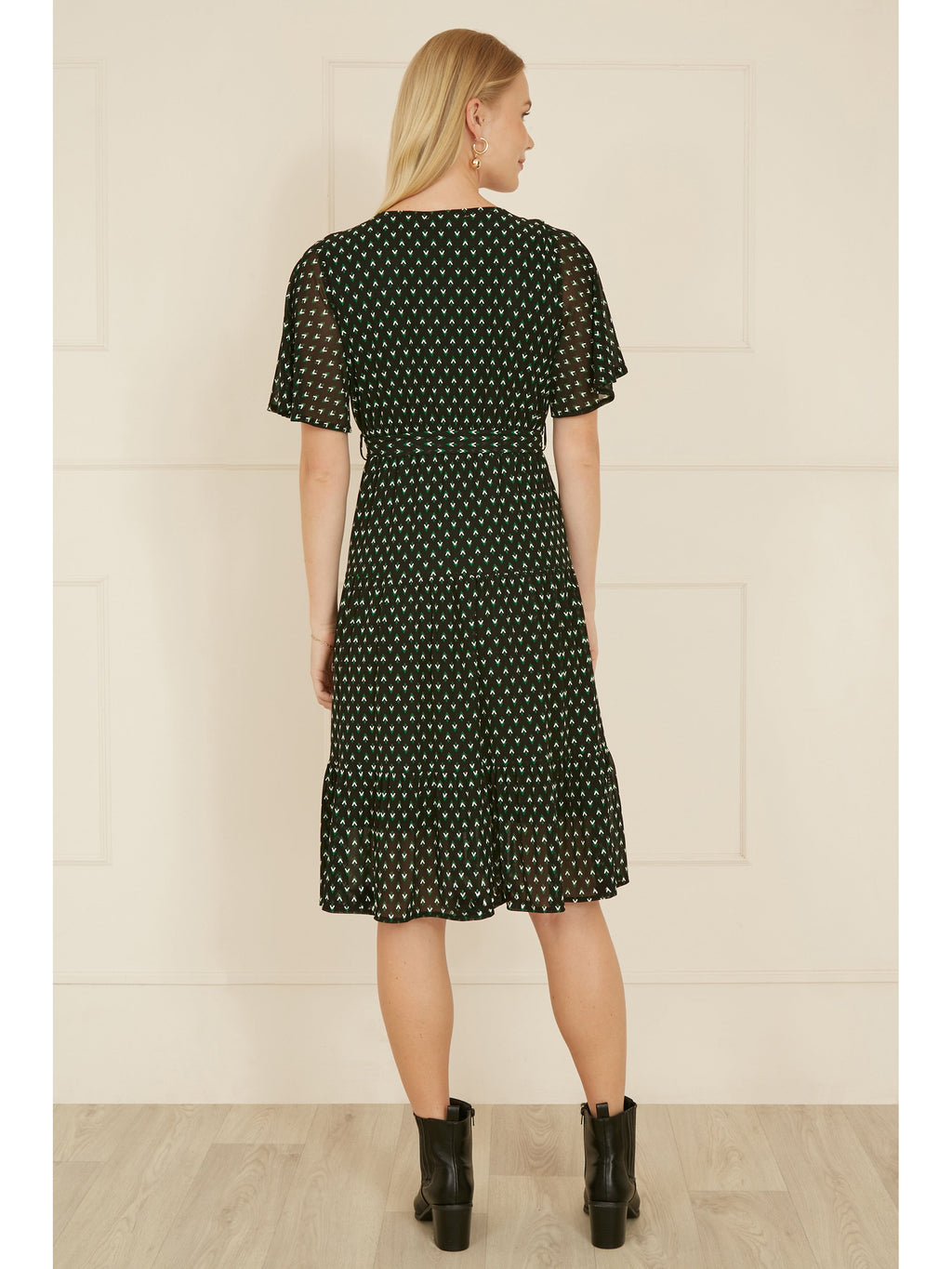 Yumi Black Dot Print Mesh Stretch Midi Skater Dress