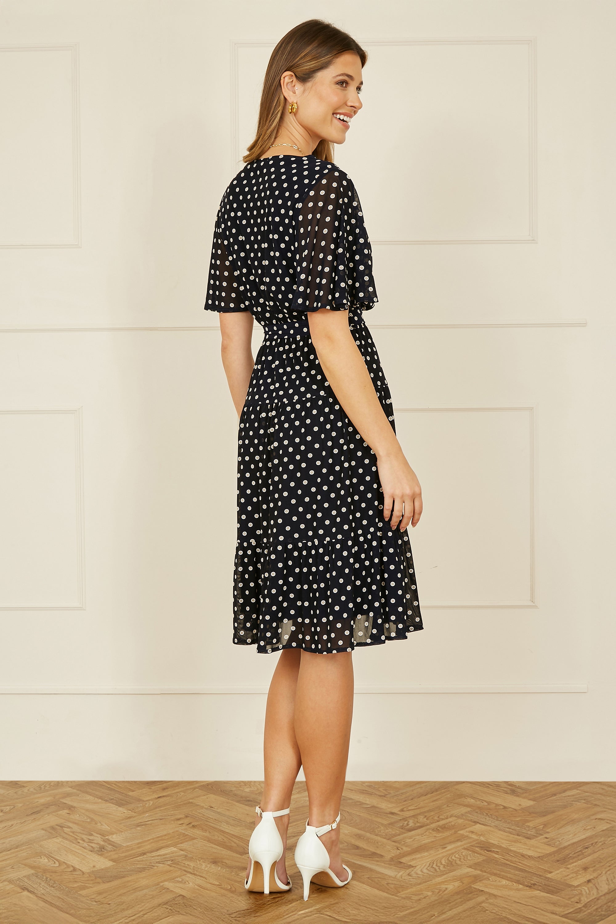 Yumi Navy Dot Print Mesh Stretch Midi Skater Dress - QHA UK