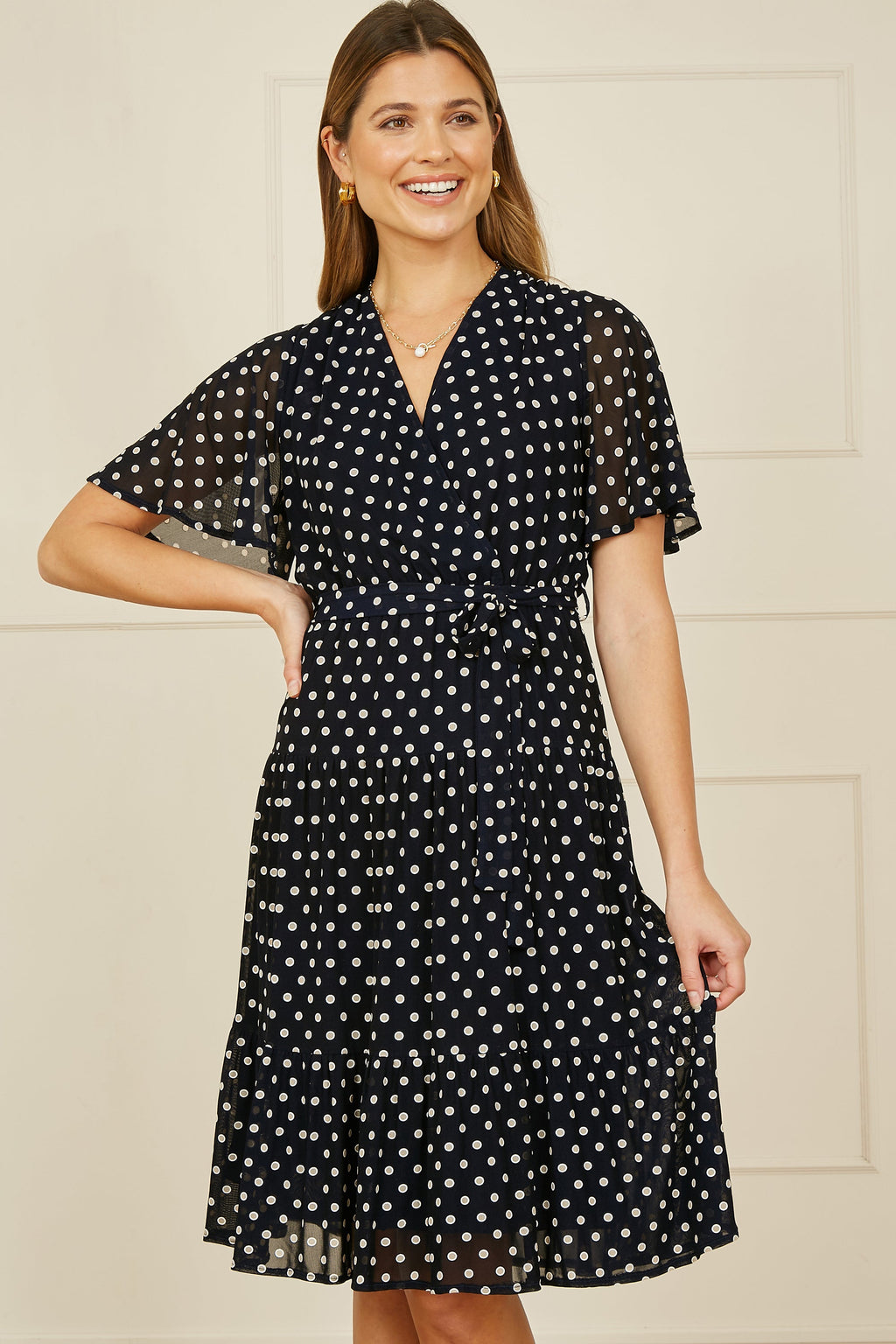 Yumi Navy Dot Print Mesh Stretch Midi Skater Dress - QHA UK
