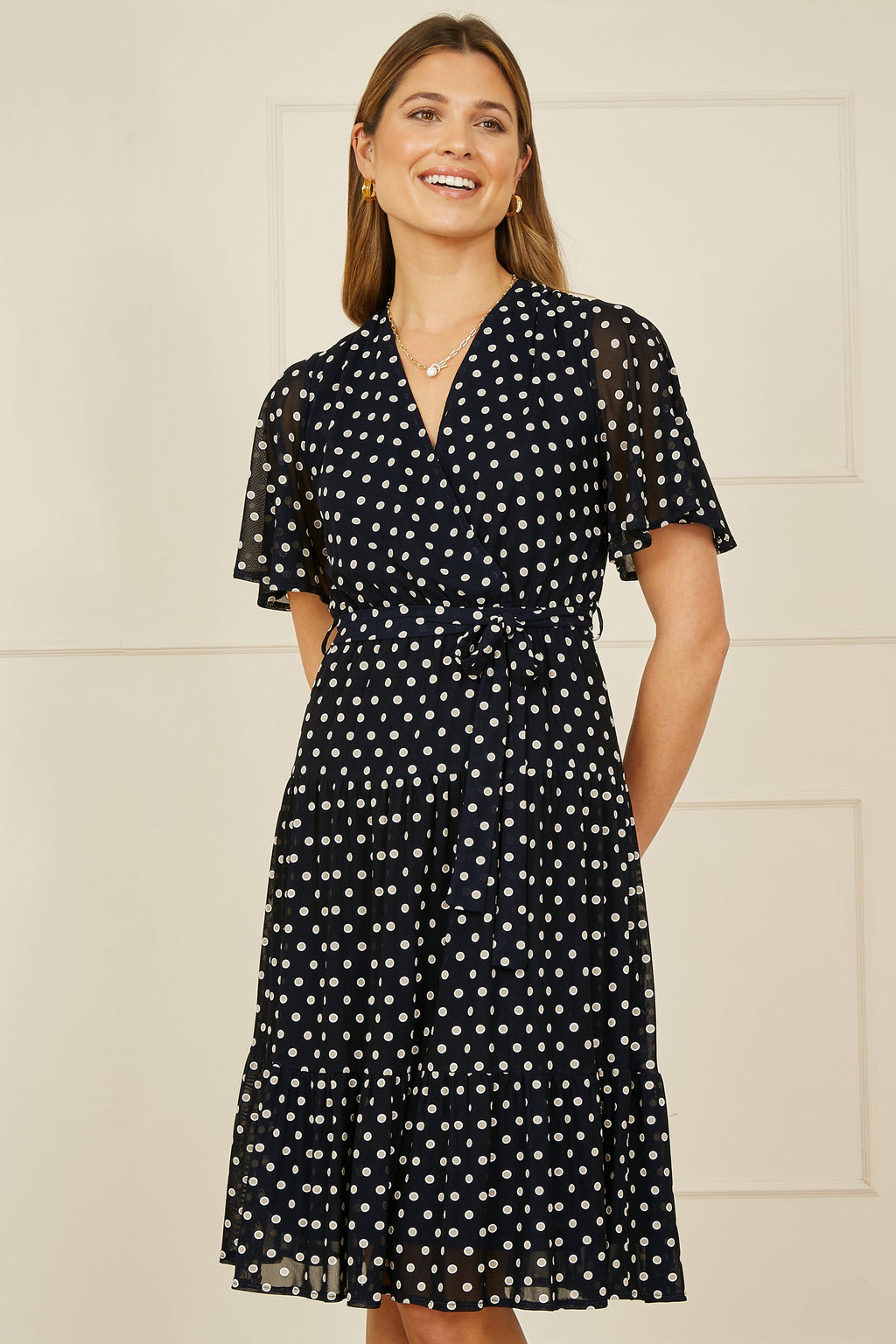 Yumi Navy Dot Print Mesh Stretch Midi Skater Dress - QHA UK