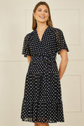 Yumi Navy Dot Print Mesh Stretch Midi Skater Dress - QHA UK